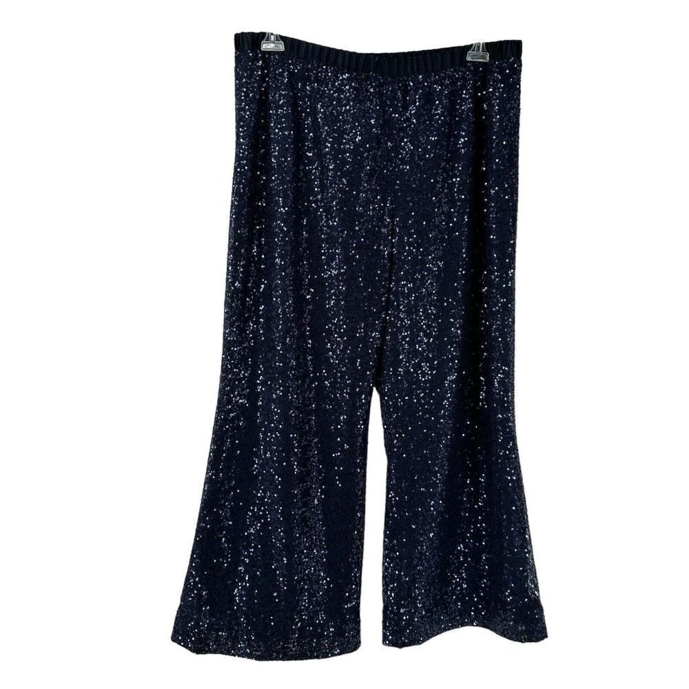 Tahari Luxe Sequin Pants Navy Blue Womens Size 14 Elastic Waist Wide Leg Formal